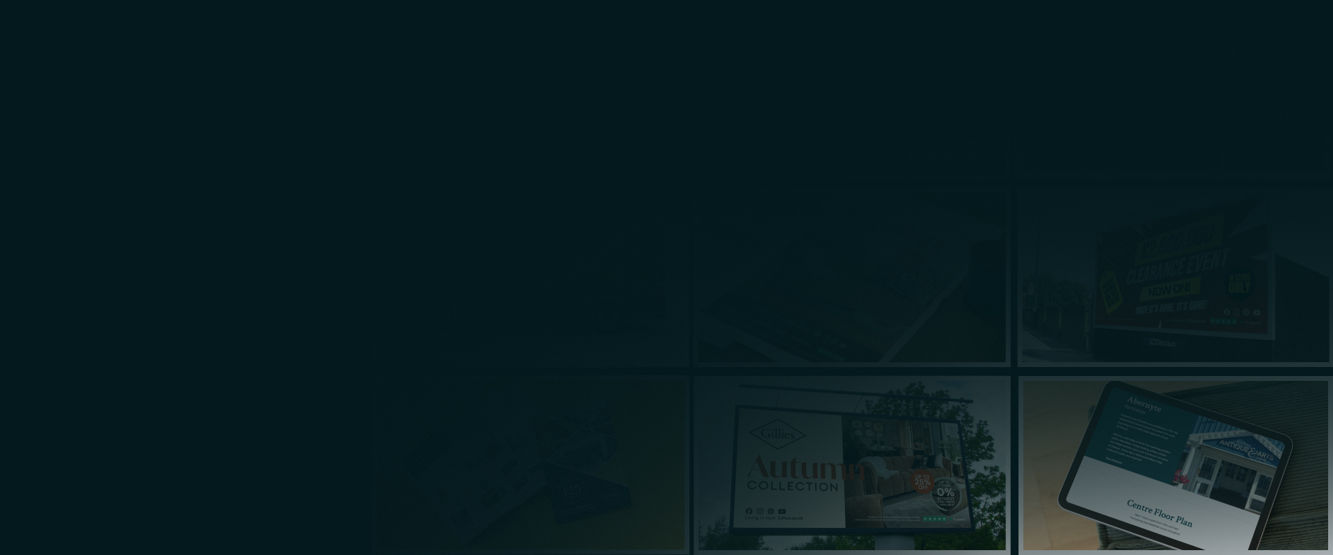 Background image with a navy overlay with a selection of images behind the overlay from case studies.