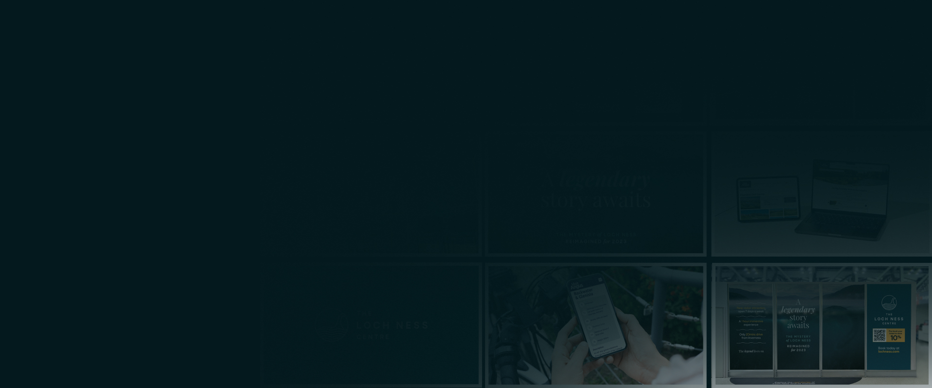 Background image with a navy overlay with a selection of images behind the overlay from case studies