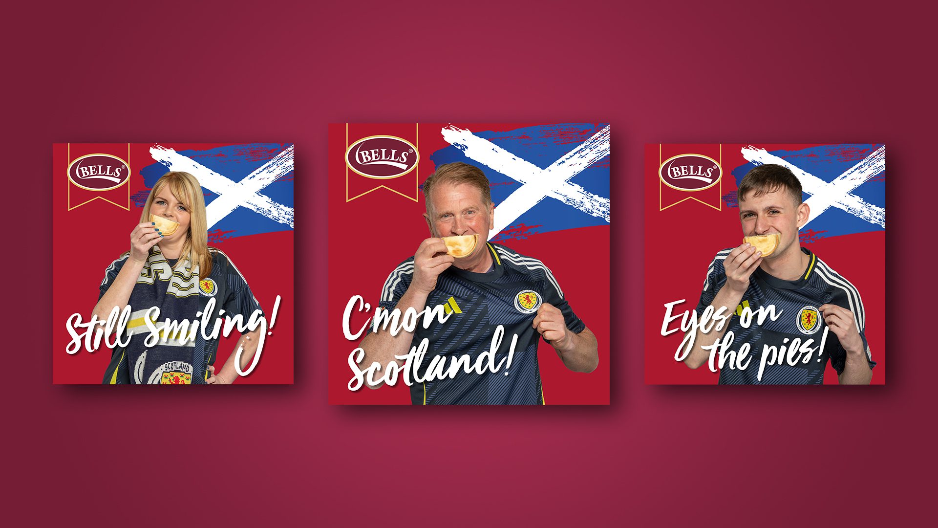 3 example social post for Bells Food Group with 3 people using a pie for a smile