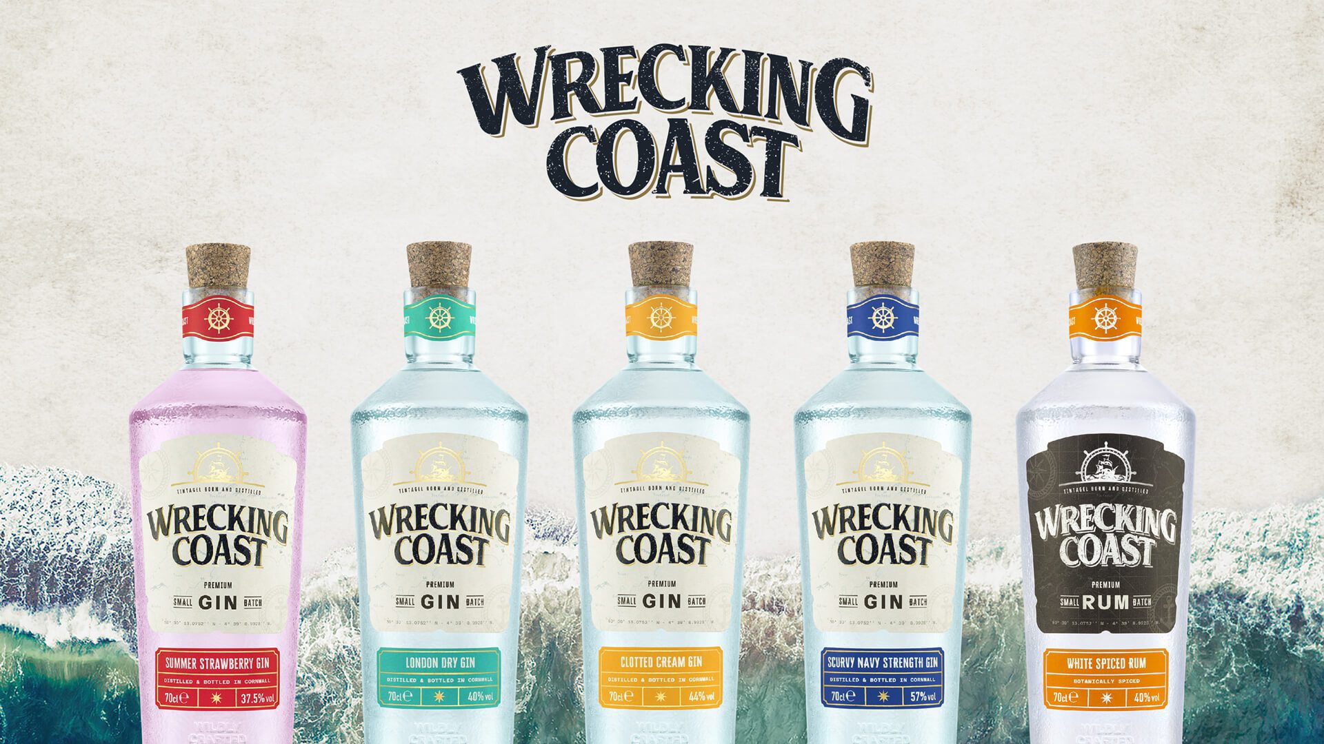 Bottles Summer Strawberry Gin, London Dry Gin, Clotted Cream Gin, Scurvy Navy Strength Gin and White Spiced Rum from Wrecking Coast