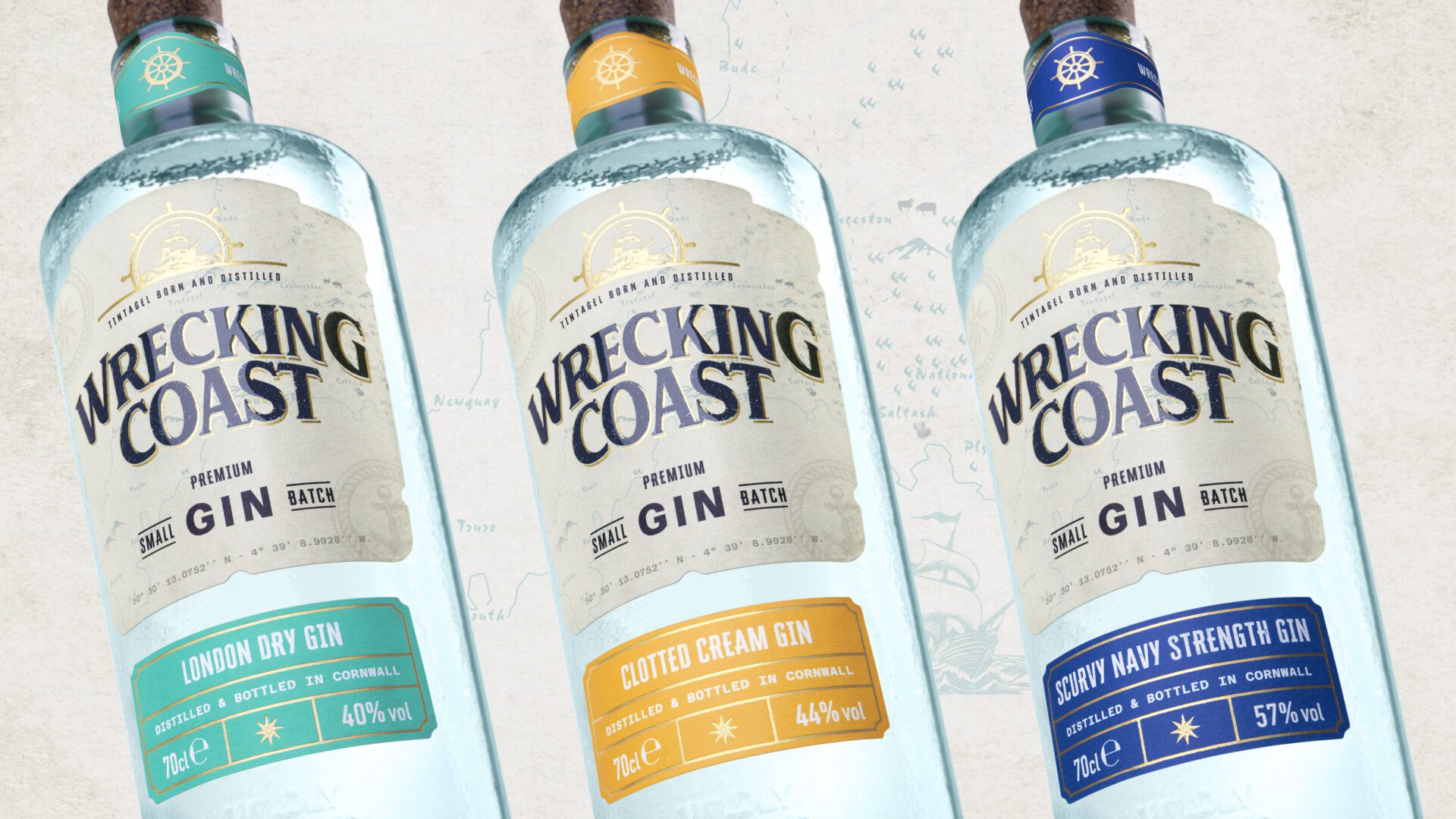 Bottles London Dry Gin, Clotted Cream Gin and Scurvy Navy Strength Gin from Wrecking Coast