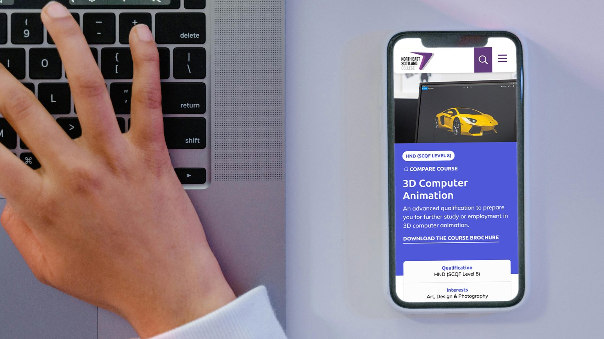 North East Scotland College website displayed on a mobile with a person typing on a laptop