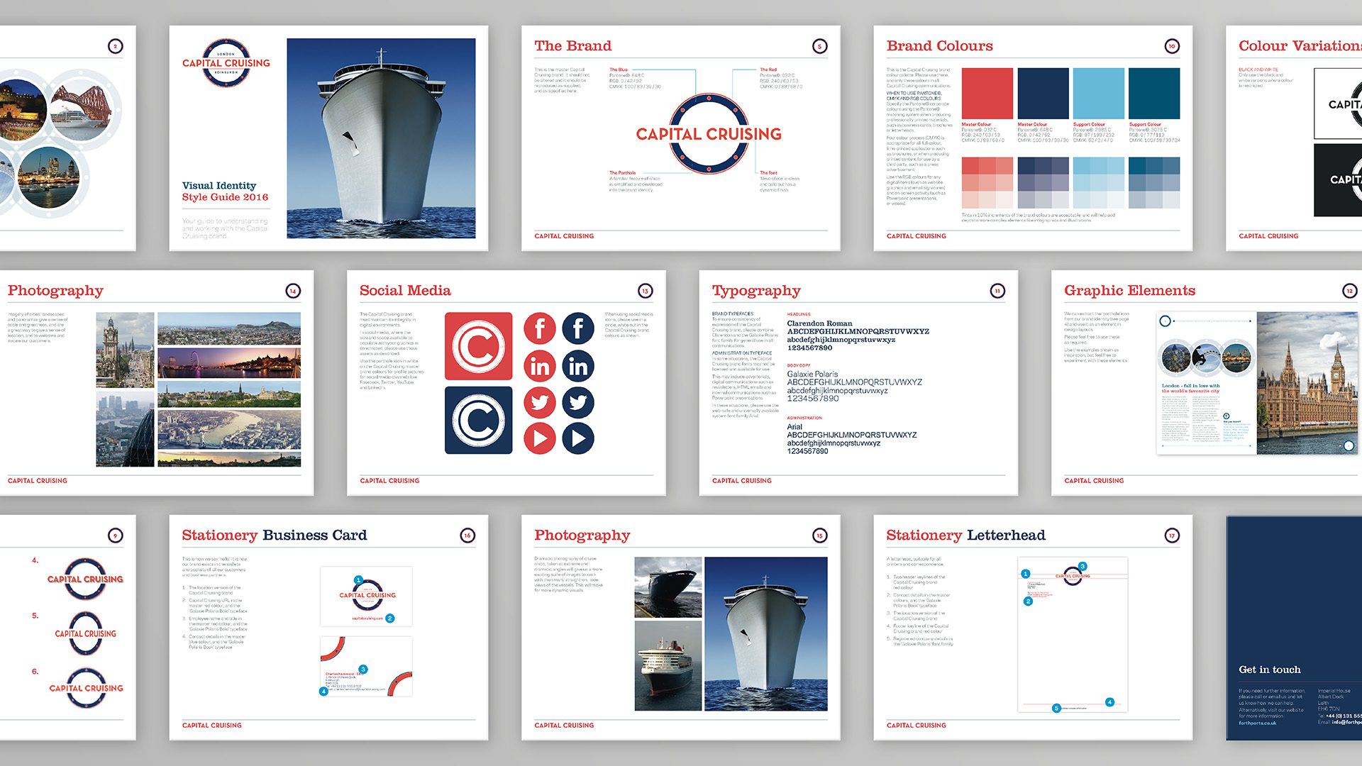 Brand guidelines for Capital Cruising detailing information on fronts and brand colours.