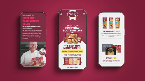 Bells Food Group website displayed on 3 mobile phones viewing different pages.