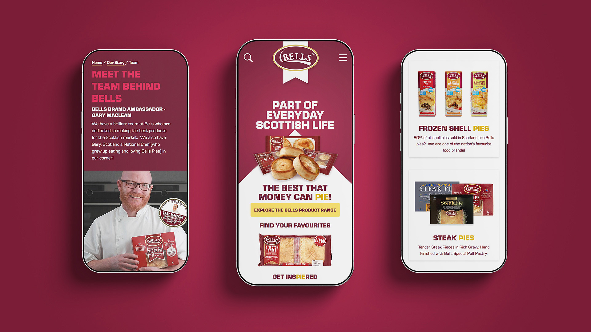 Bells Food Group website displayed on 3 mobile phones viewing different pages.