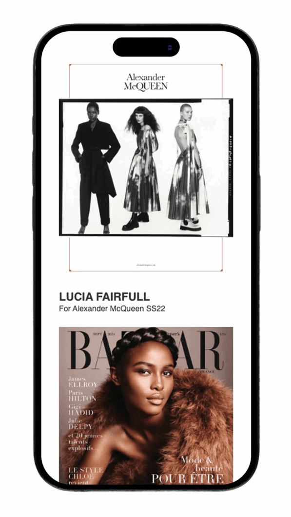 Sample of the Model Team website on a mobile phone