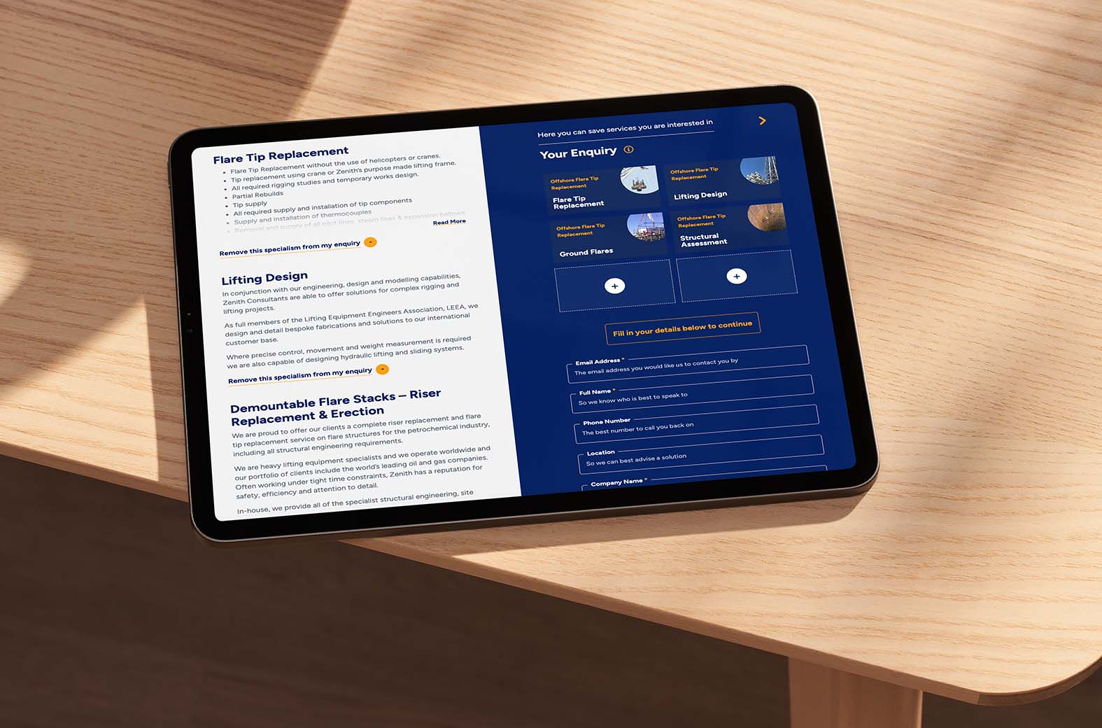 Example page from the Zenith website displayed on a tablet