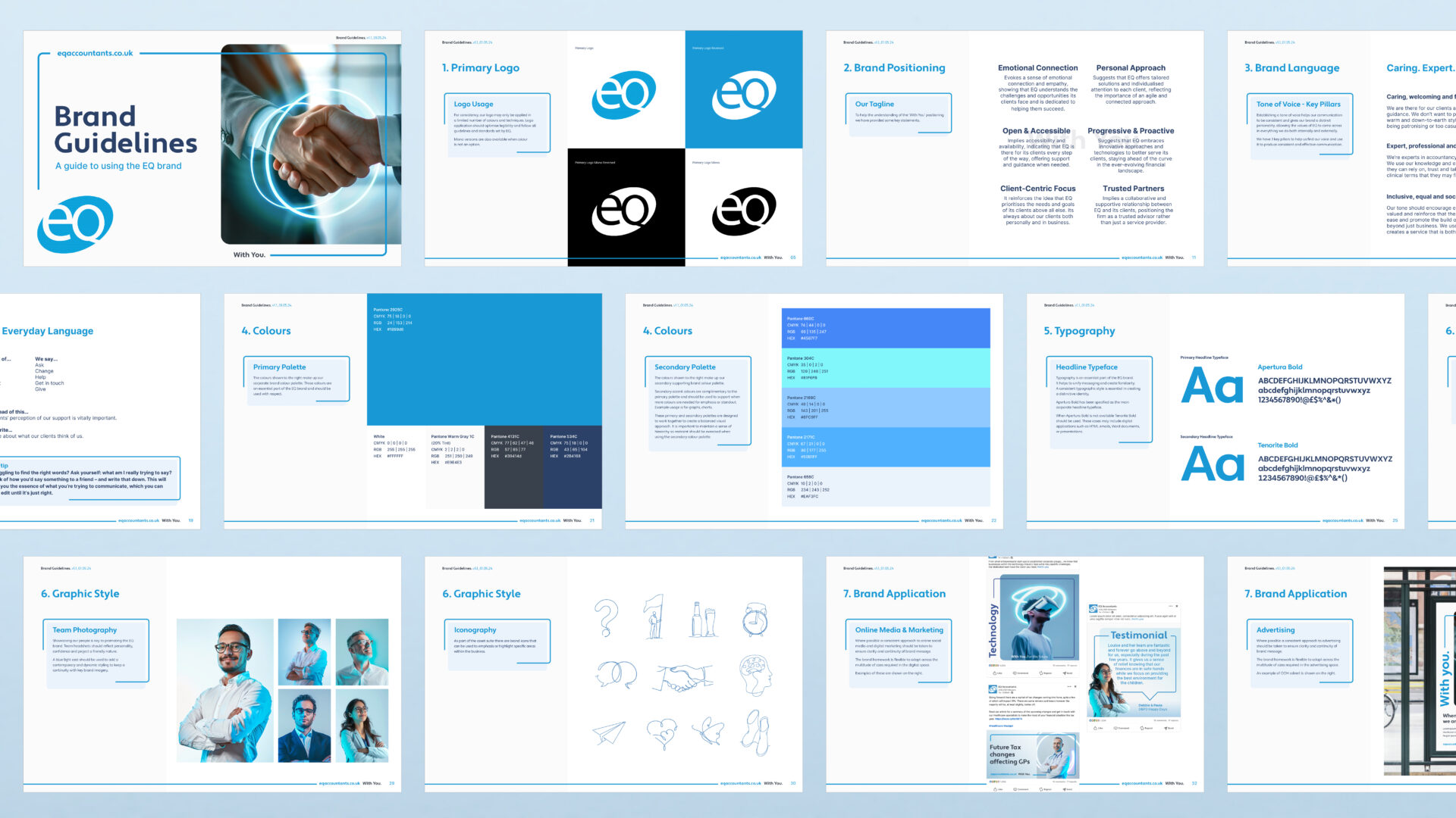EQ accountants Brand Guidelines with information on fonts and there brand colours