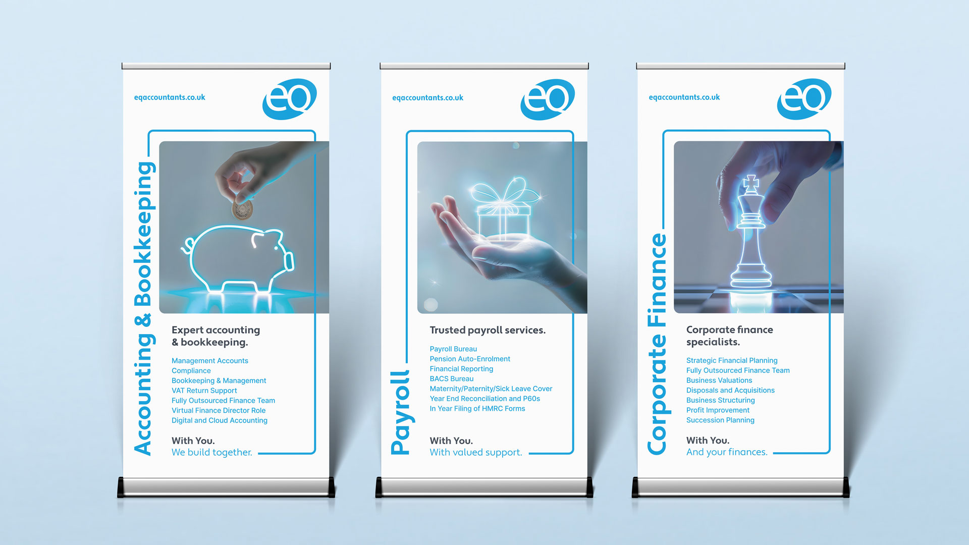 3 sample pull up banners for EQ accountants - Displaying information on Accounting & Bookkeeping, Payroll and Corporate Finance.