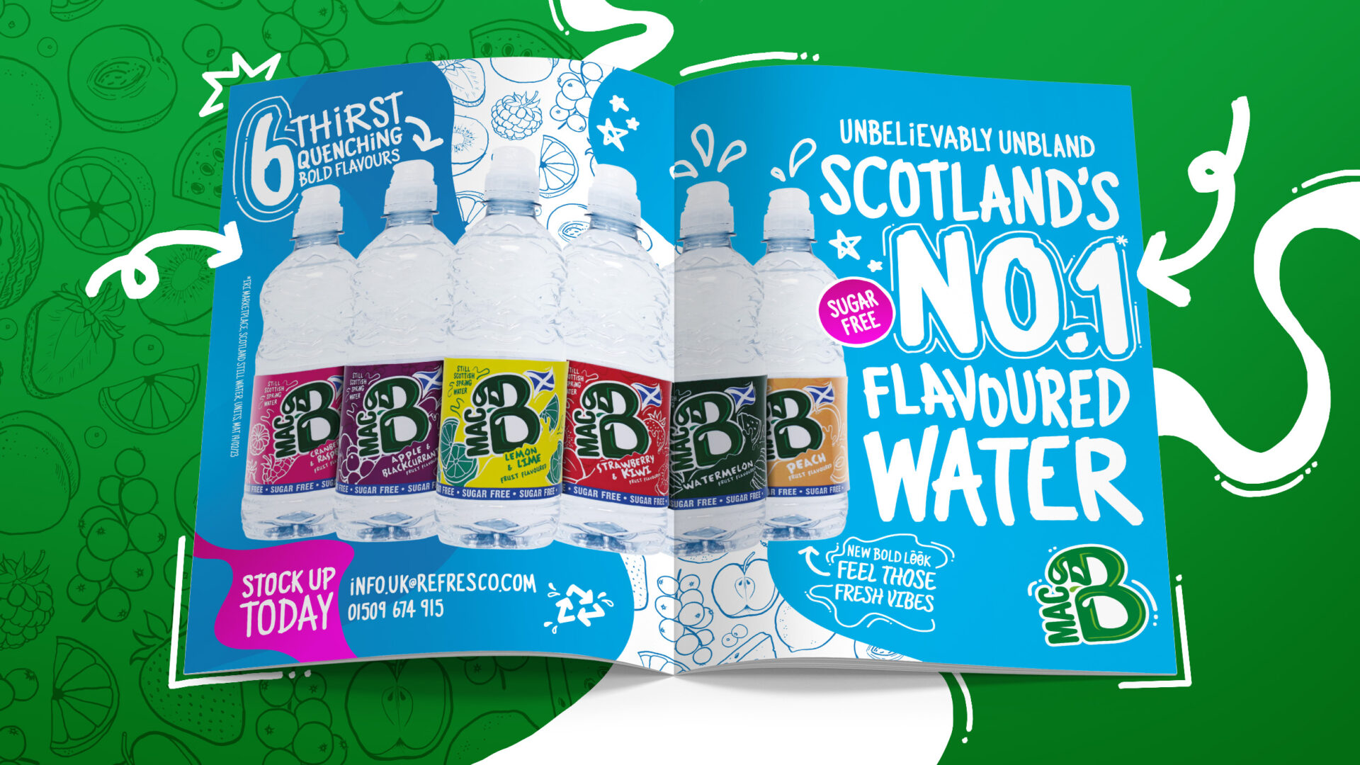 Mockup design for a Macb brochure showcasing all the Macb bottles