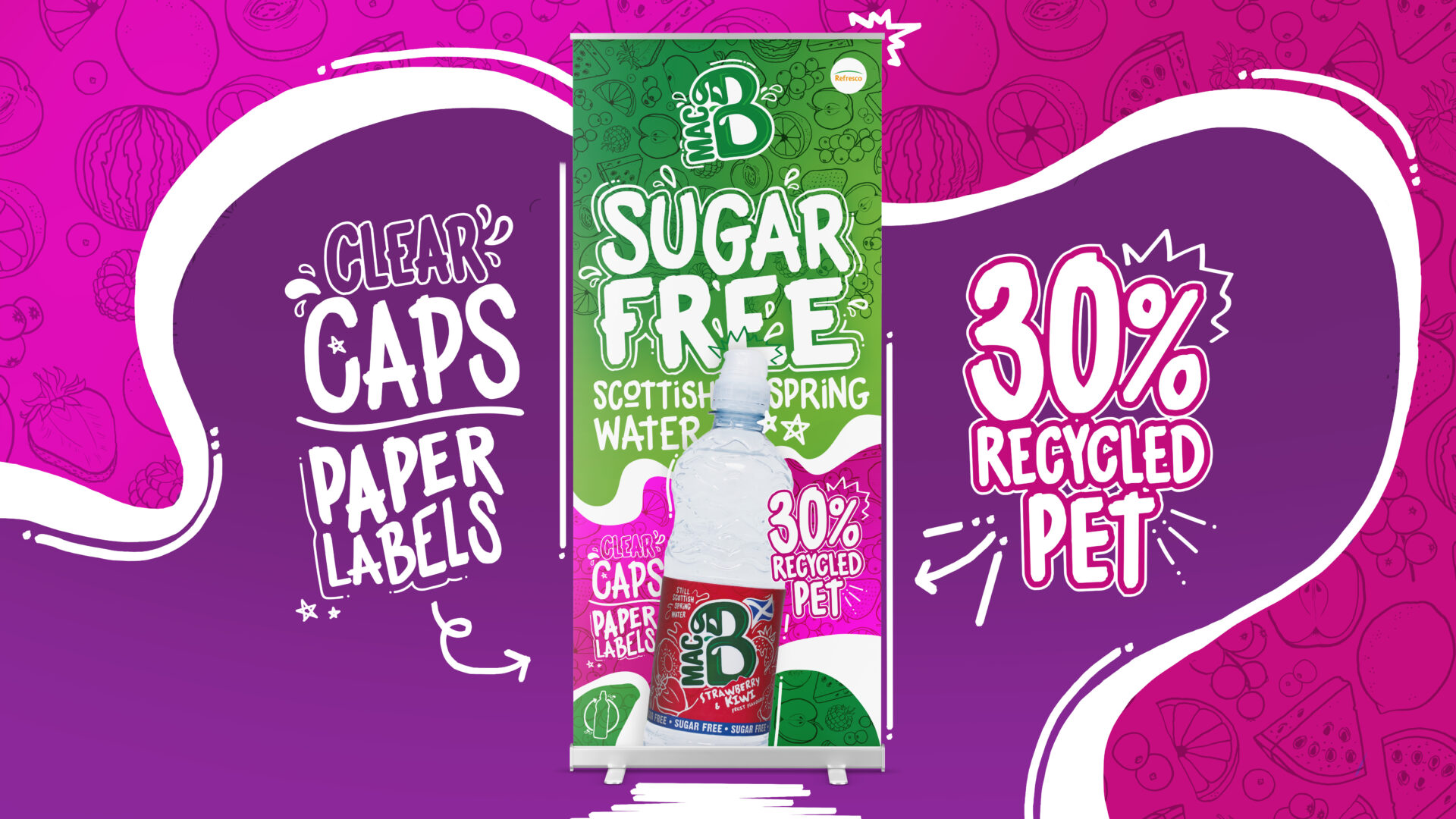 A mockup of a trade pull up banner display showing the a bottle of Macb.