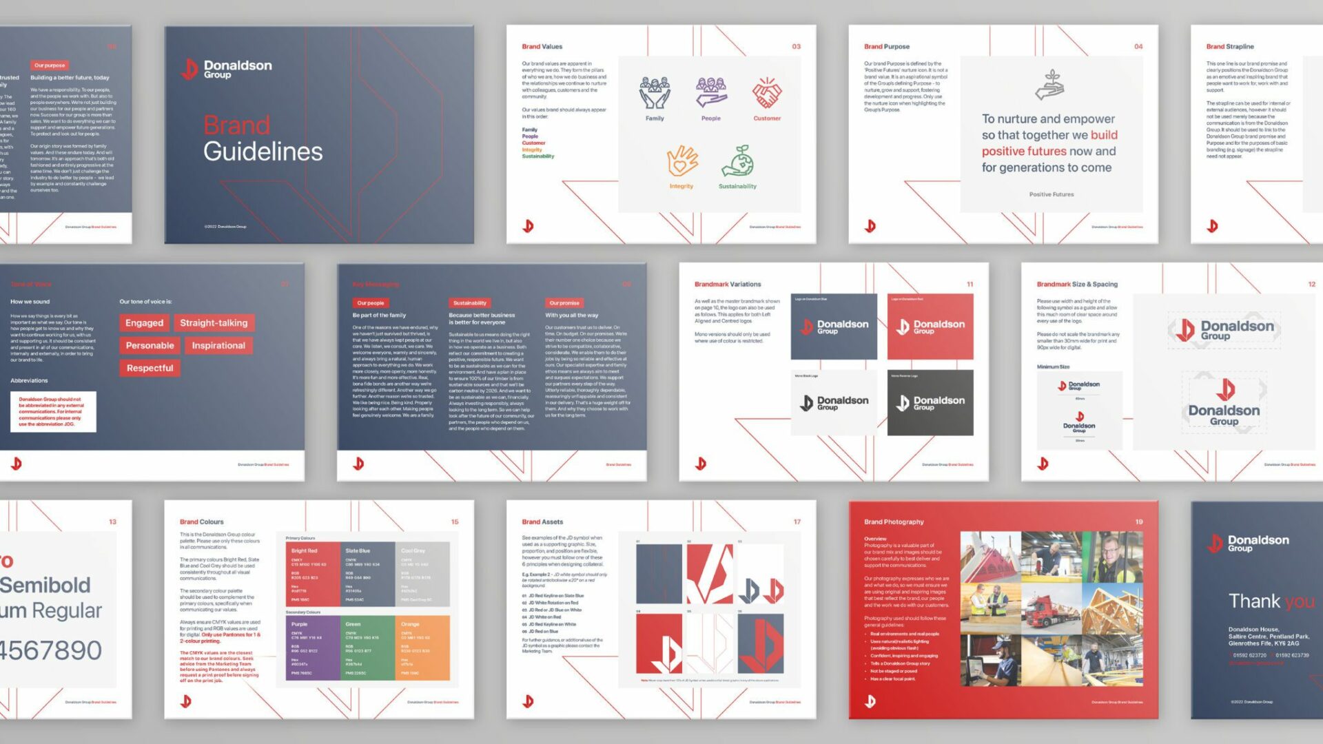 Brand Guidelines for Donaldson Group with details about the companies font and brand colours