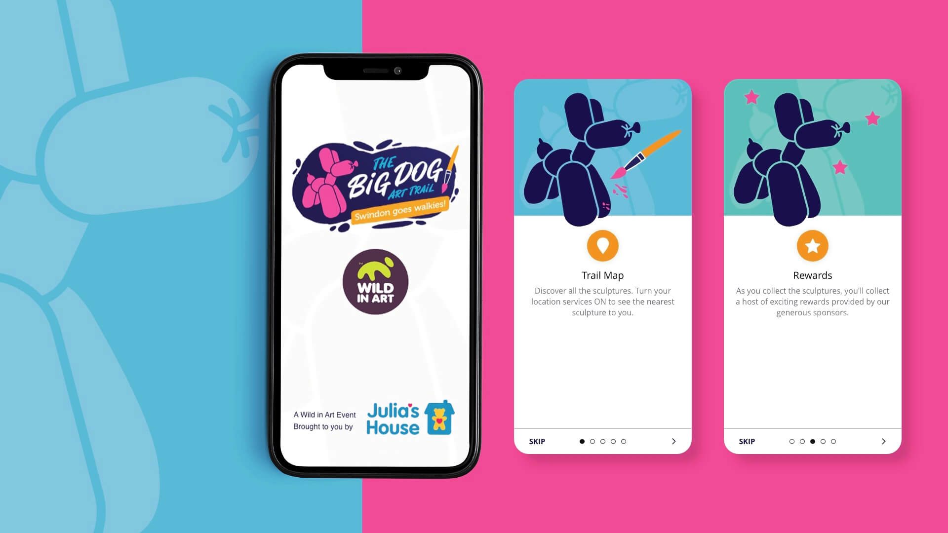 Mobile phones showing The Big Dog Art Trail App