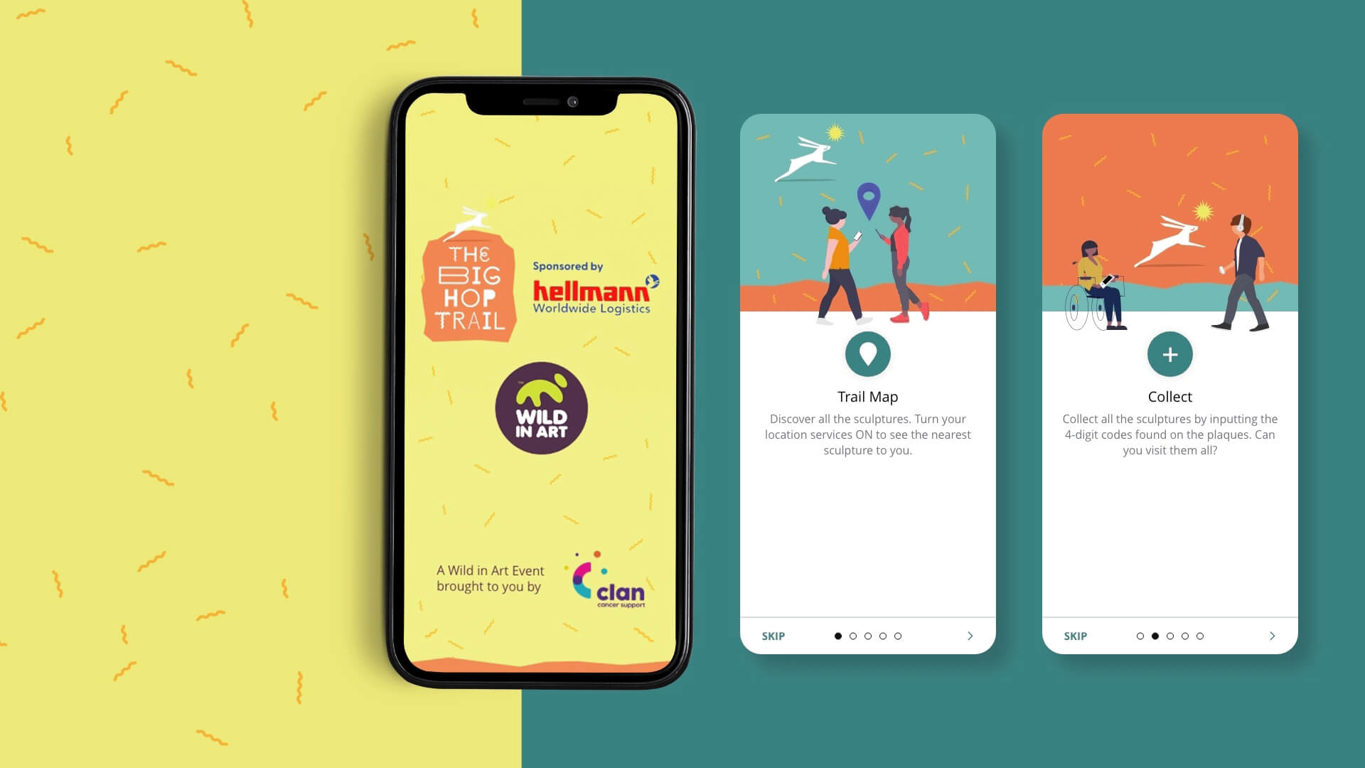 Mobile phones showing the Big Hop Trail App