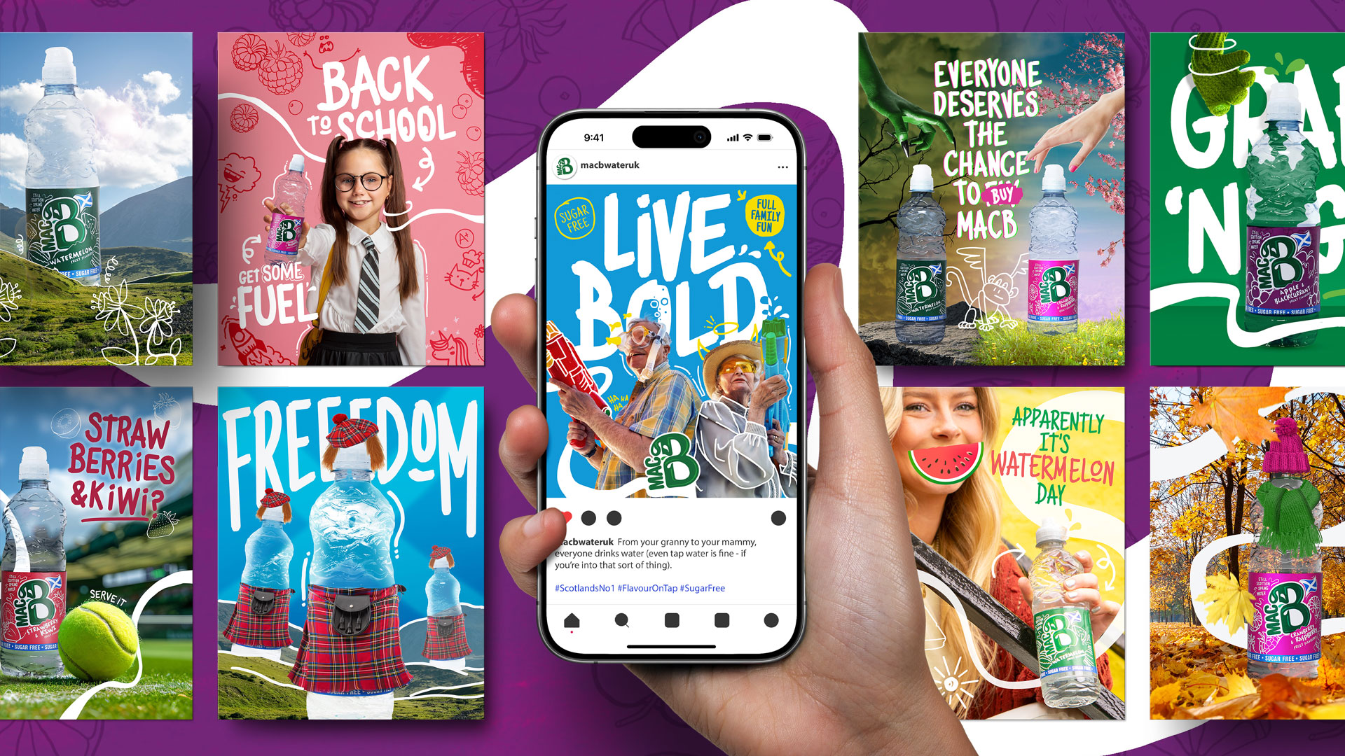 Example social post for Macb with one post being displayed on a mobile phone