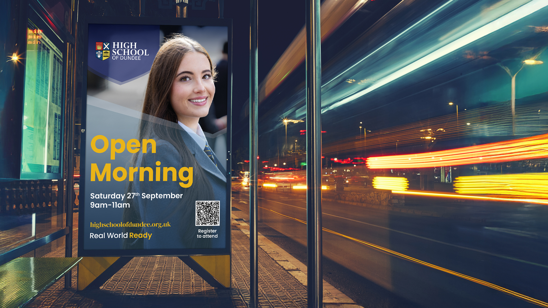 A example of a bus stop billboard for High School of Dundee Open Morning.