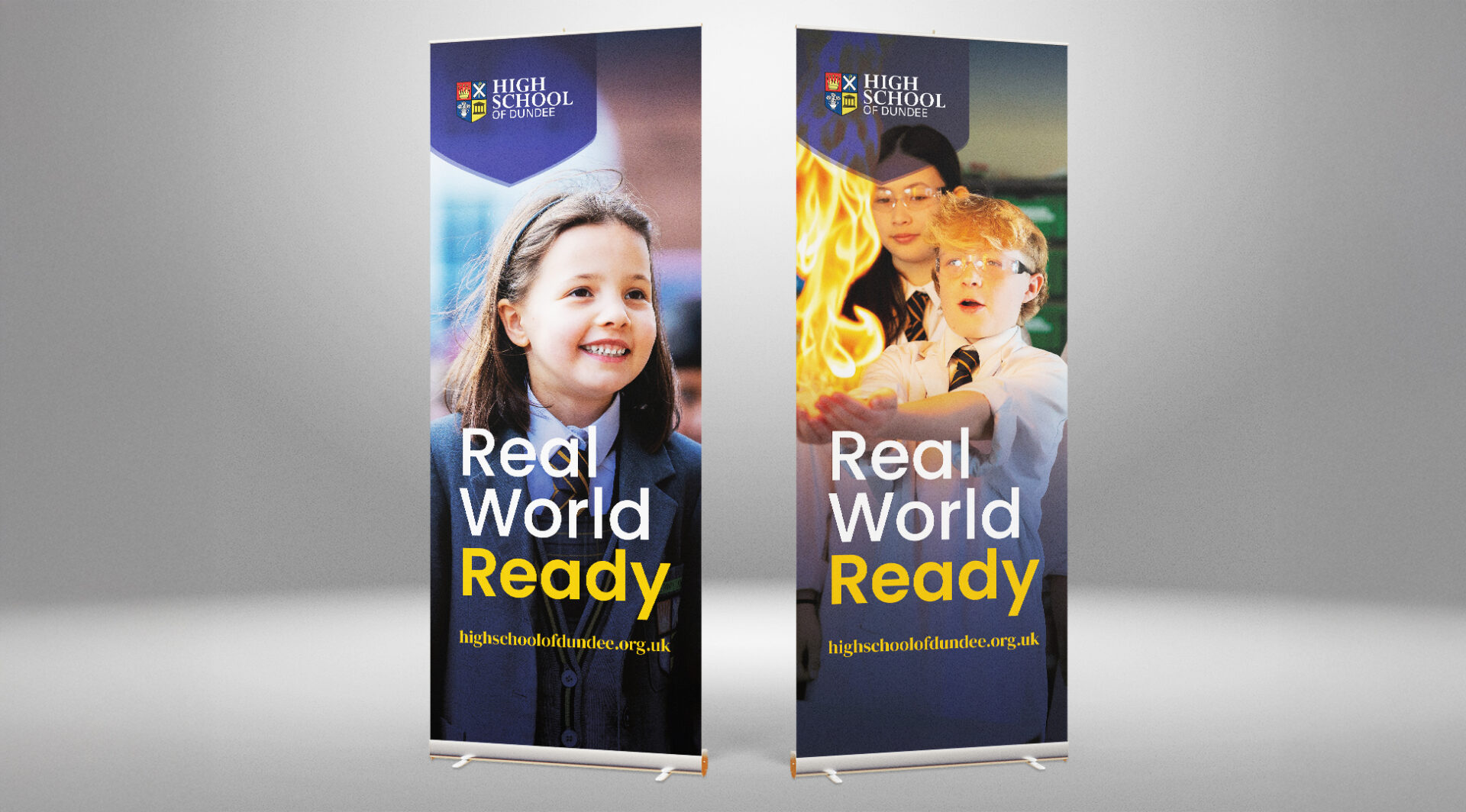 Example of pull up banners for High School of Dundee with the words Real World Ready on the banner