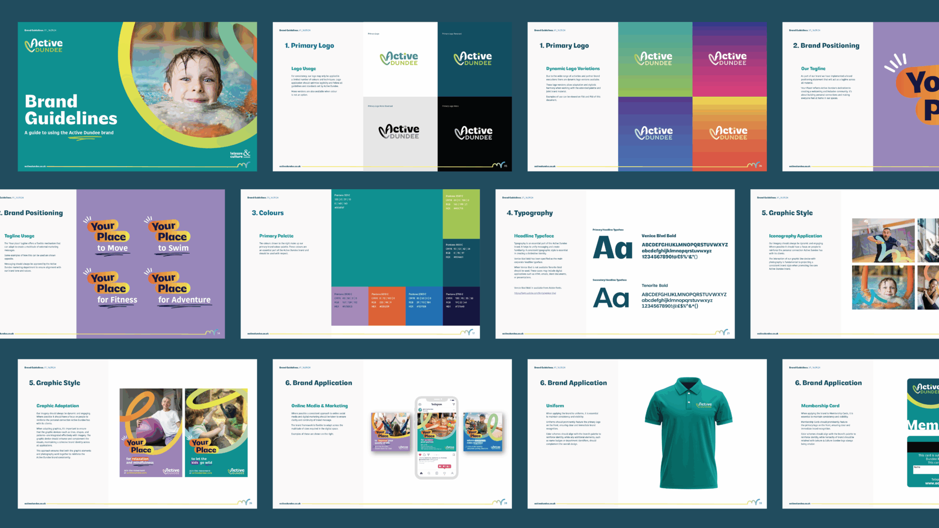 Brand Guidelines for Active Dundee with information about there fonts and brand colours