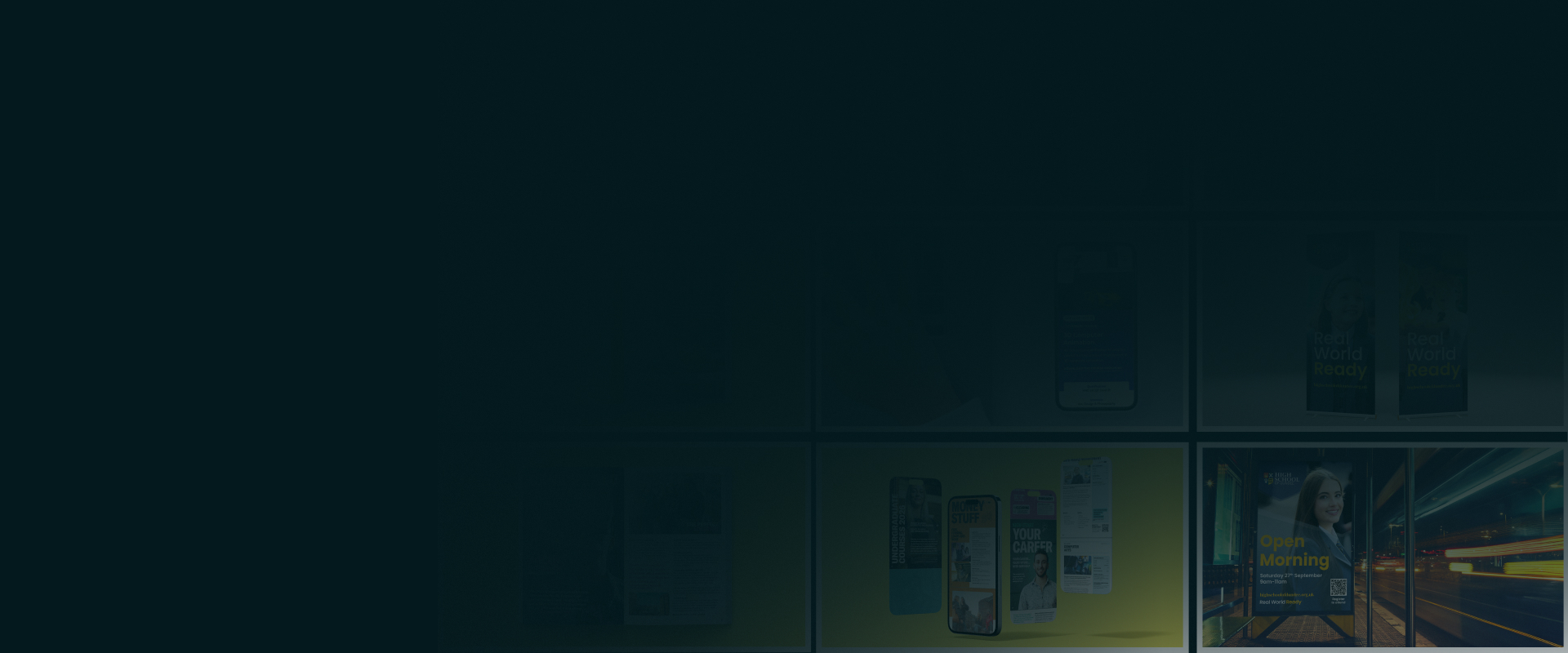 Background image with a navy overlay with a selection of images behind the overlay from case studies