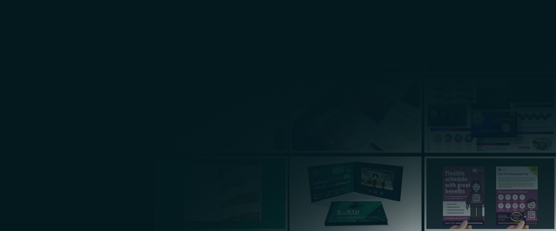 Background image with a navy overlay with a selection of images behind the overlay from case studies