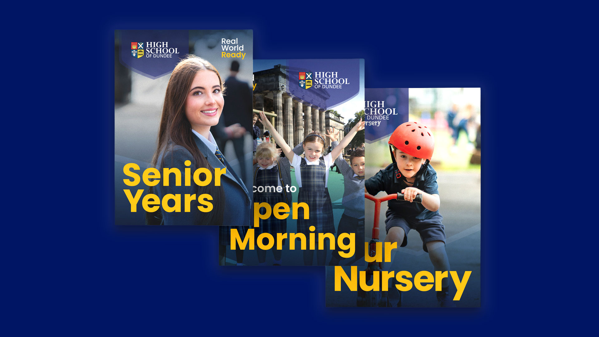 Sample Brochure Covers for High School of Dundee displaying Senior Year, Open Morning and Our Nursey