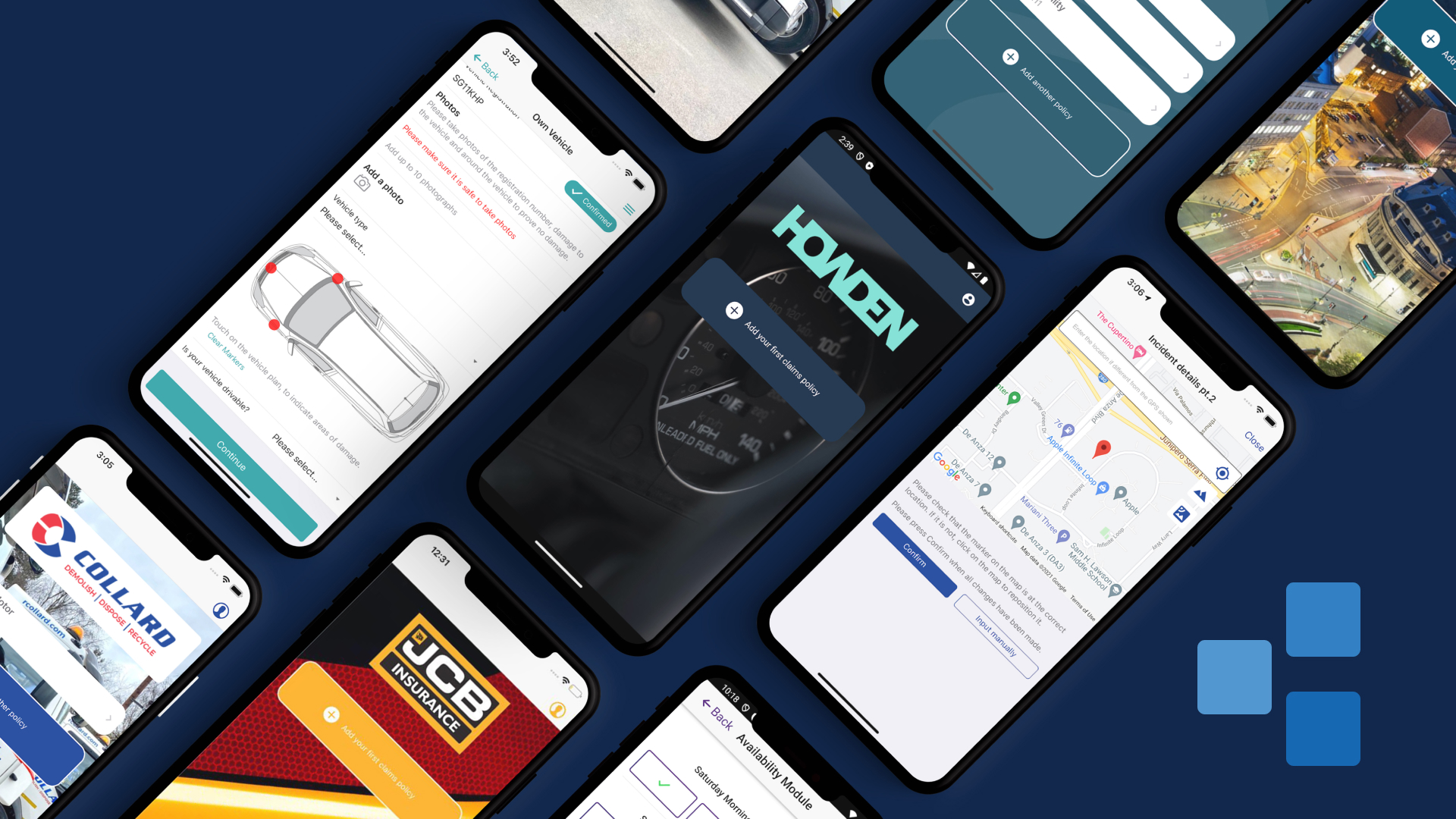 A group of mobile phones displaying different insure apps group pages.