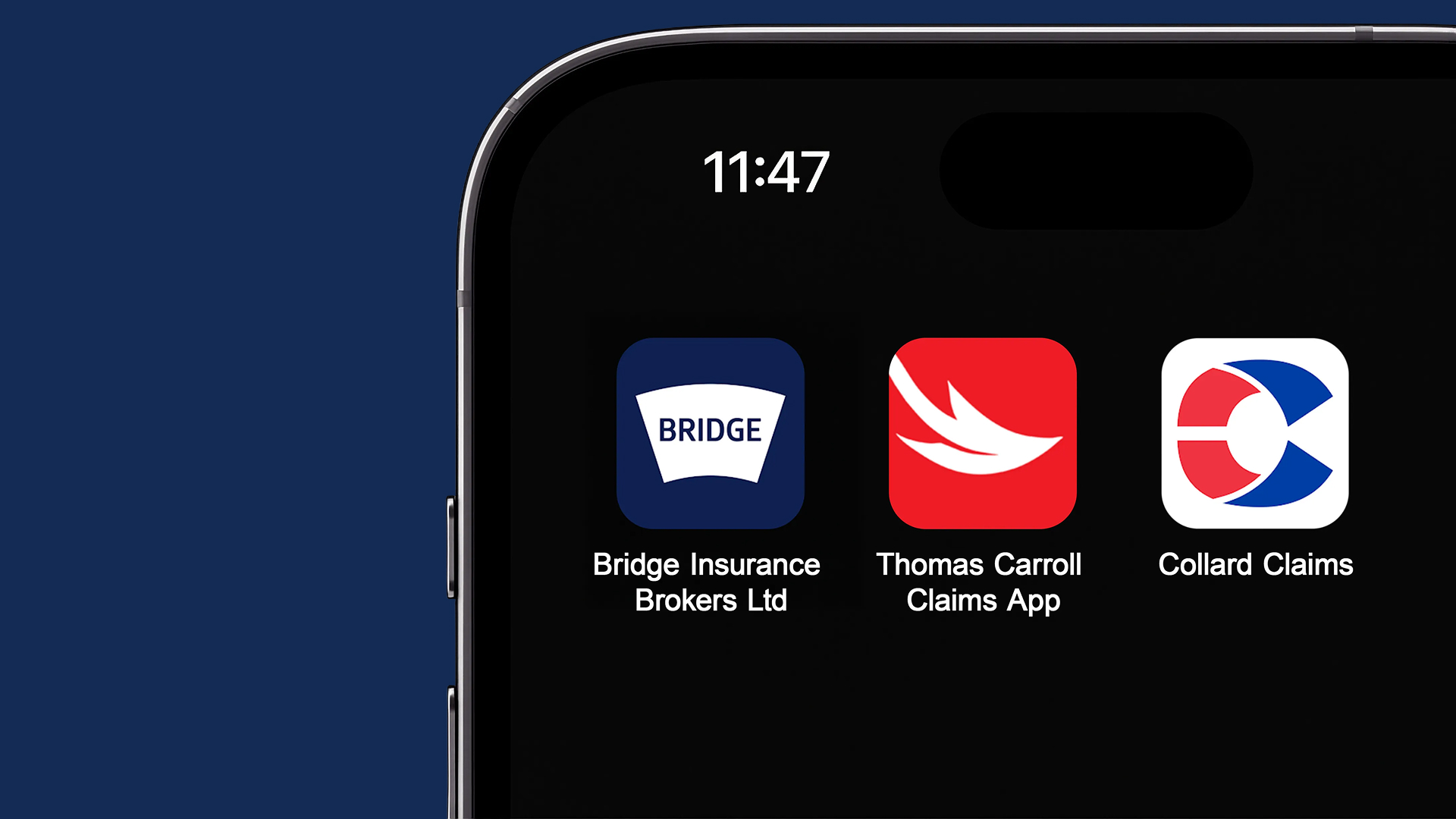 View of a mobile phone displaying 3 app icons - Bridge Insurance Brokers Ltd, Thomas Carroll Claims App and Collard Claims.