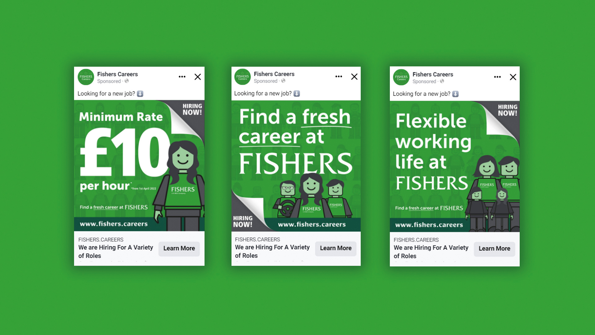 3 different examples of Facebook posts for Fishers Careers with a green background.