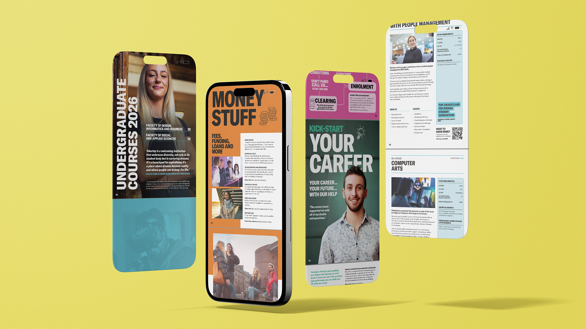 A sample of the Abertay University prospectus on 4 different mobile phones