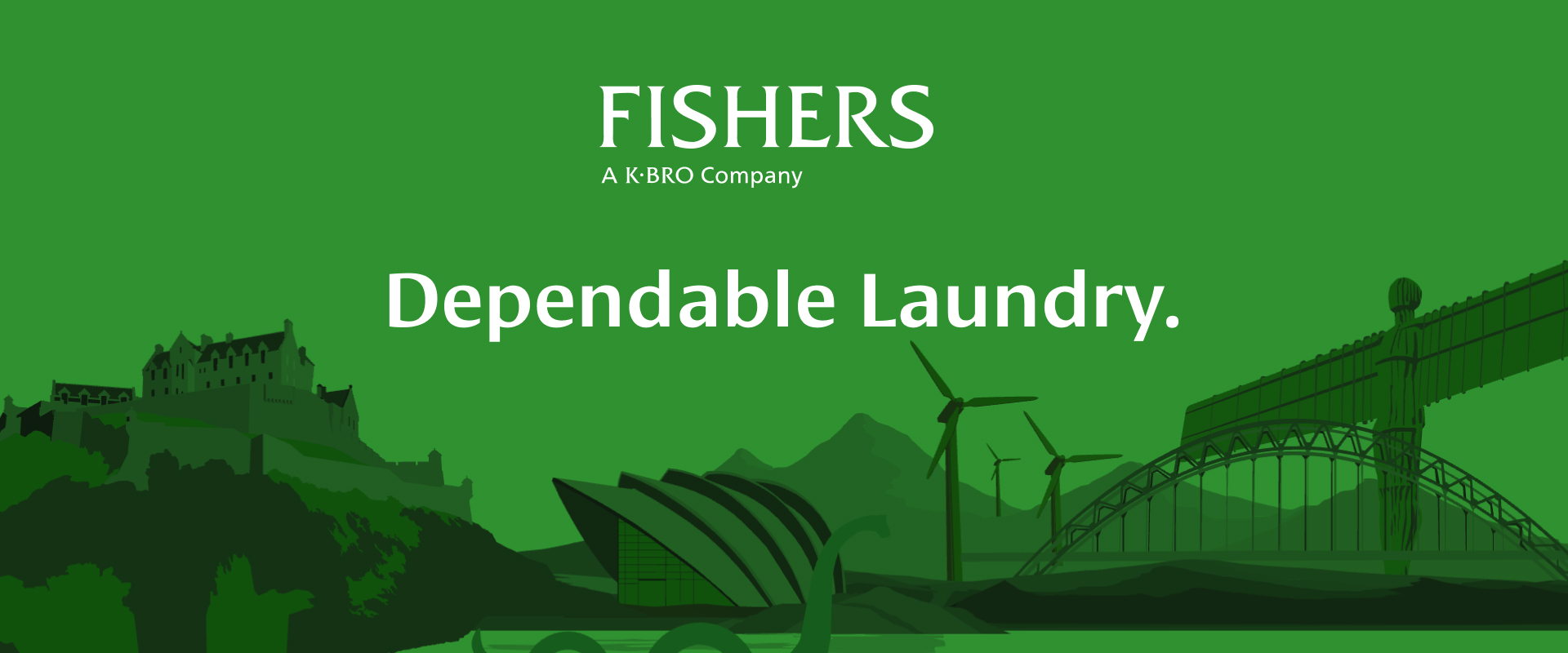 Fishers logo with an image of different UK landmarks at the bottom
