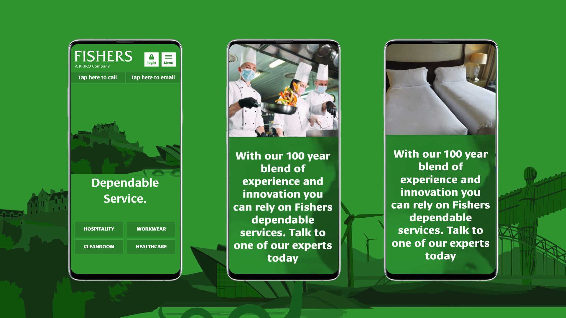 3 examples of the Fishers website on 3 mobile phones