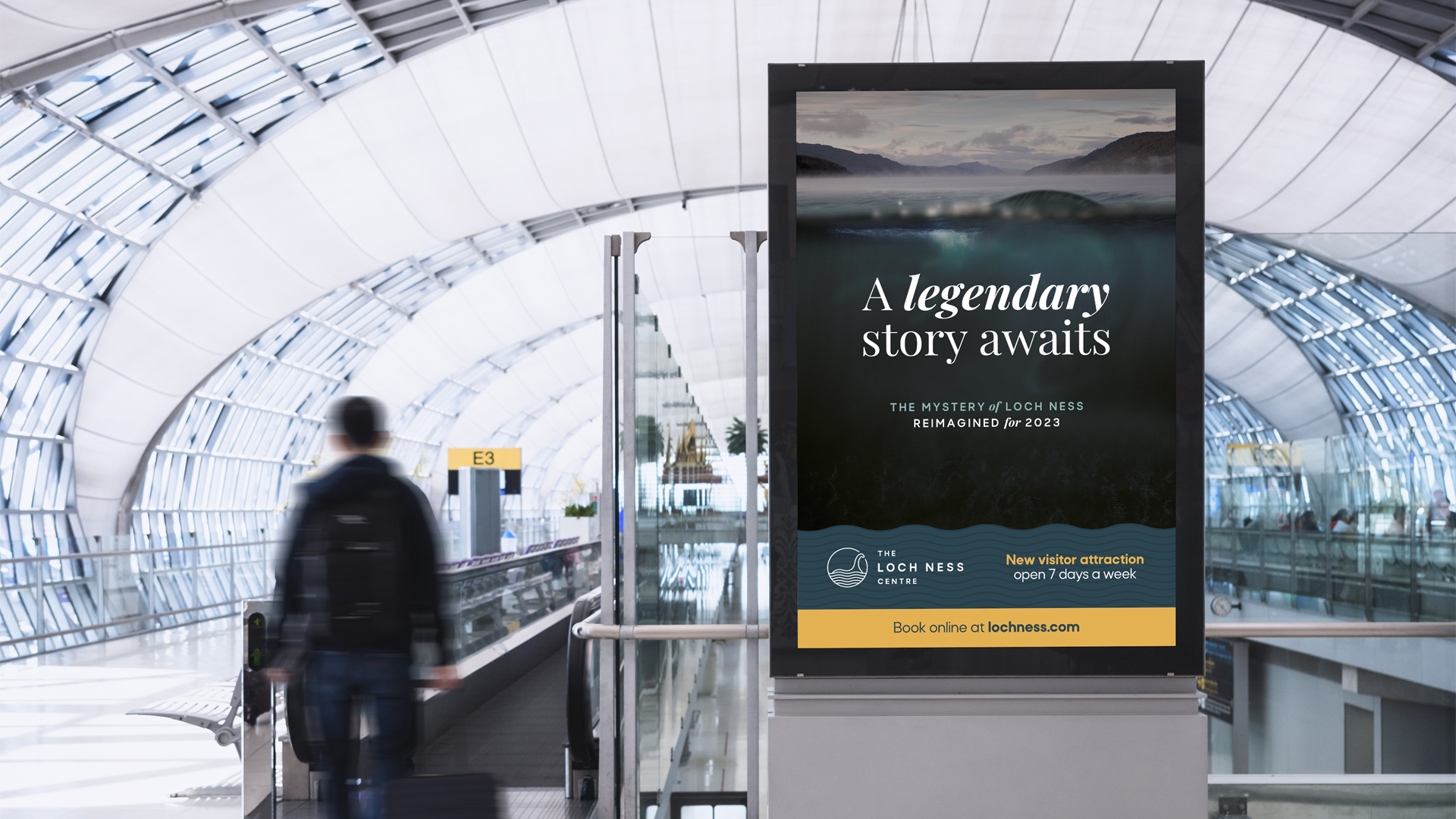 Mock up Banner Media light box for The Loch Ness Centre with people Public Building Airport