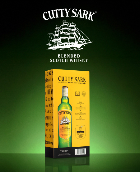 Display of Cutty Sark packaging with the logo at the top