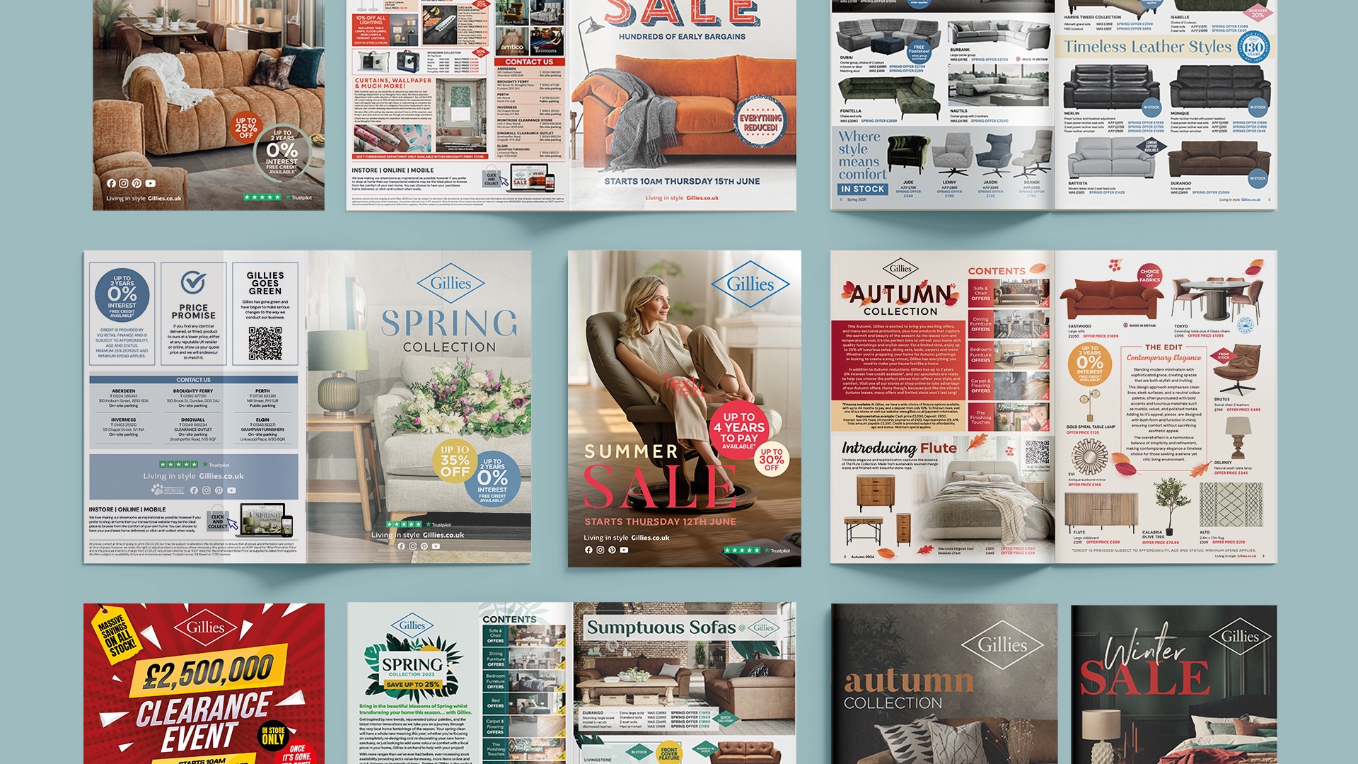 Display of all Gillies brochures, Spring, Autumn and winter collection brochures