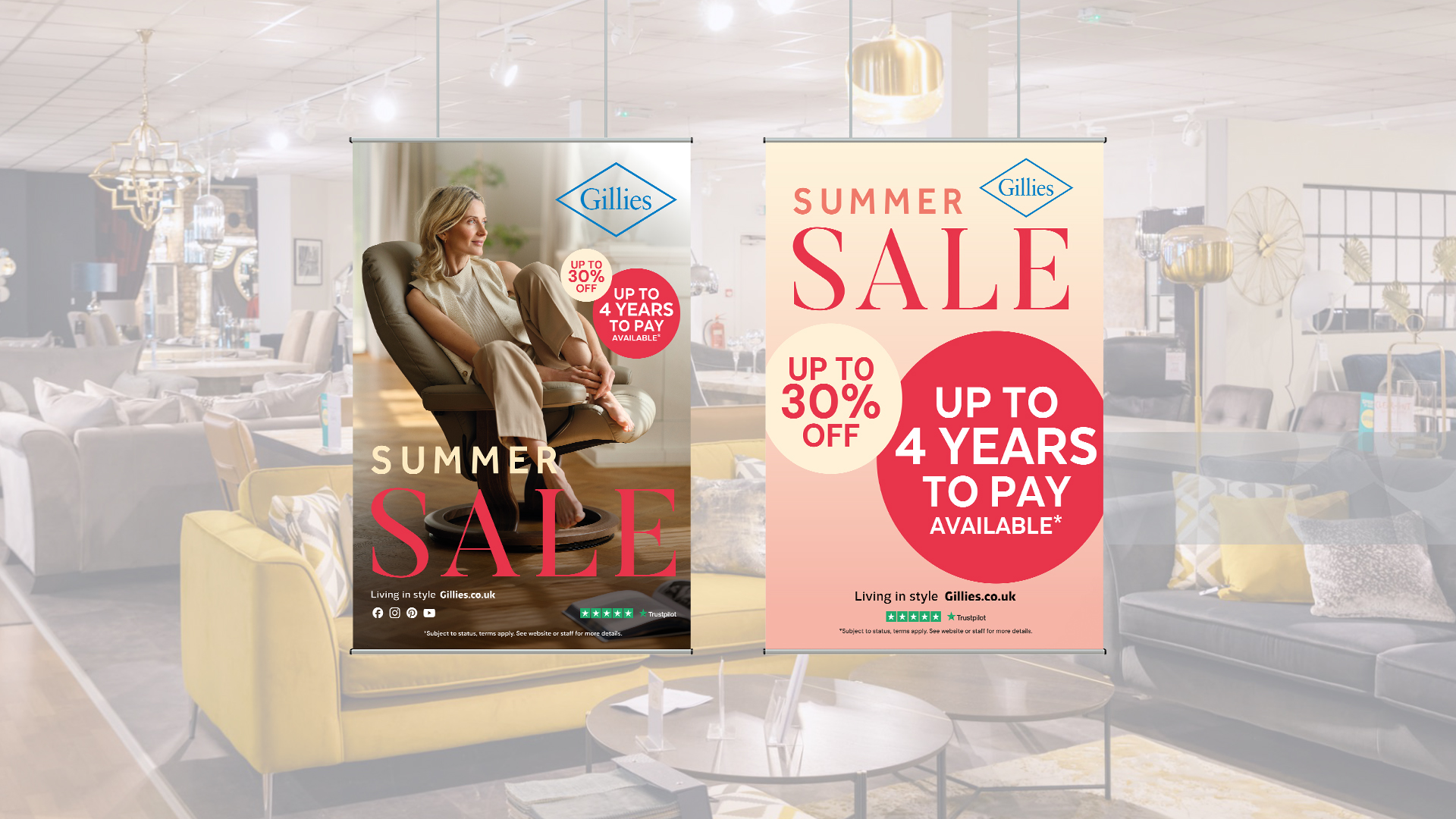 Example of handing posters for Gilles - These examples are for the summer sale with one poster has a person sitting on a chair.