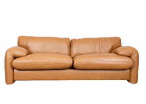 Tan leather Catalyna sofa with plush seat and back cushions, featuring a modern design and premium leather finish.