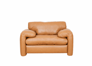 Tan leather Catalyna snuggler chair with plush cushions and a modern, inviting design.