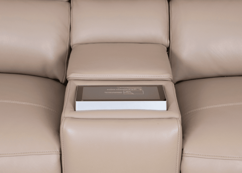 Innovation 2.5 seater power sofa with touchscreen console, power headrests, lumbar support, heat, vibration and built-in speakers.