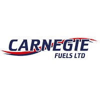 A logo featuring the word "CARNEGIE" in bold, italicized navy blue text, underlined by dynamic red and blue swooshes, with "FUELS LTD" written in smaller navy letters below.
