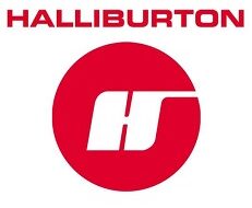 A red and white logo with the name "HALLIBURTON" in bold red capital letters above a large red solid circle. Inside the circle, a white, stylized lowercase "h" is cut out, with its shoulder extending to the right edge.
