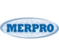 A blue and white logo featuring the word "MERPRO" in bold blue capital letters centered inside a light blue, oval-shaped globe with visible latitude and longitude grid lines.