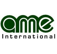 A dark green logo featuring the lowercase letters "ame" in a thick, rounded, interconnected font with white outlines, with the word "International" written in a plain black sans-serif font underneath.