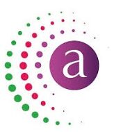 A vibrant logo featuring a lowercase white letter "a" inside a solid purple circle. The circle is surrounded by three concentric, radiating arcs made of green, magenta, and purple dots of varying sizes.
