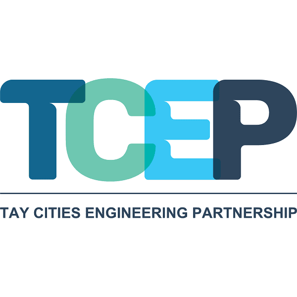 The logo for the Tay Cities Engineering Partnership. Large, overlapping block letters spell out the acronym "TCEP" in varying shades of blue and teal with a semi-transparent effect. Below a horizontal line, the full name "TAY CITIES ENGINEERING PARTNERSHIP" is written in a bold, dark blue sans-serif font.