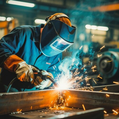 A close-up of a person welding metal in an industrial workshop. The individual is wearing a protective blue welding mask, heavy-duty gloves, and a blue jumpsuit. Bright orange sparks and blue smoke rise from the point of contact between the welding tool and the metal beams. The background shows a blurred factory setting with machinery and industrial equipment.
