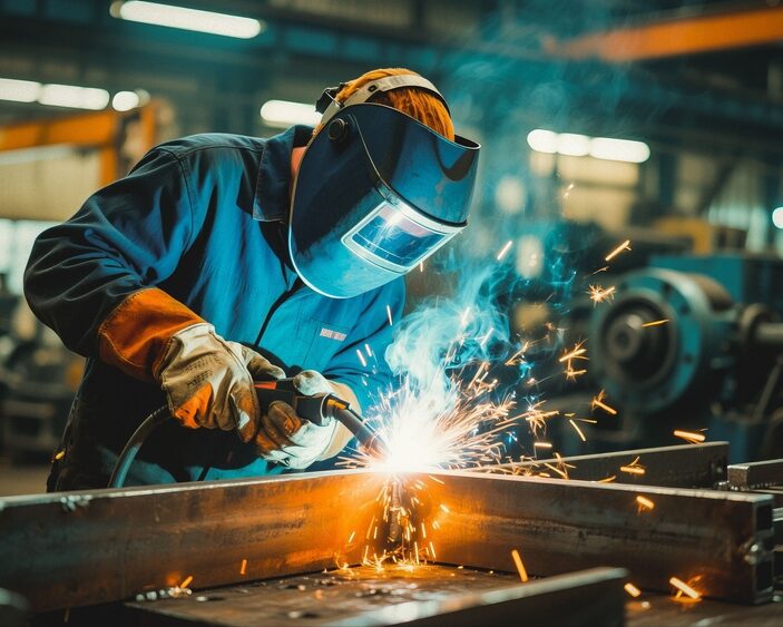 A close-up of a person welding metal in an industrial workshop. The individual is wearing a protective blue welding mask, heavy-duty gloves, and a blue jumpsuit. Bright orange sparks and blue smoke rise from the point of contact between the welding tool and the metal beams. The background shows a blurred factory setting with machinery and industrial equipment.