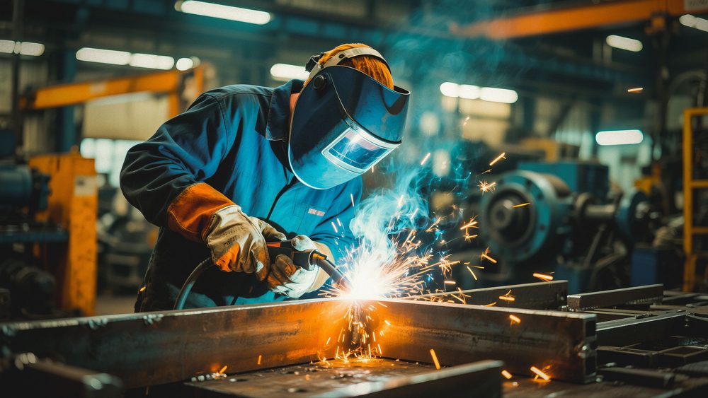 A close-up of a person welding metal in an industrial workshop. The individual is wearing a protective blue welding mask, heavy-duty gloves, and a blue jumpsuit. Bright orange sparks and blue smoke rise from the point of contact between the welding tool and the metal beams. The background shows a blurred factory setting with machinery and industrial equipment.