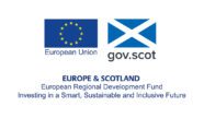 An official logo featuring the European Union flag on the left and the Scottish Government "gov.scot" logo (a stylized Saltire) on the right. Below these icons, the text reads: "EUROPE & SCOTLAND, European Regional Development Fund, Investing in a Smart, Sustainable and Inclusive Future."