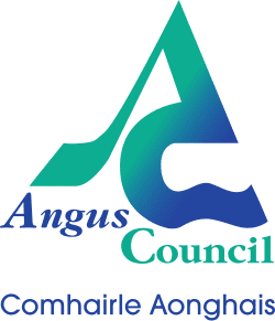 The logo for Angus Council, featuring a large stylized graphic of the letters "A" and "C" in a teal-to-blue gradient. The words "Angus Council" are written in a serif font, and below them, the Gaelic name "Comhairle Aonghais" is displayed in a simple blue sans-serif font.