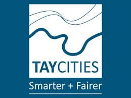 The logo for Tay Cities, set against a dark teal background. It features a white square containing blue wavy lines that represent a river. Below the square, the text "TAY CITIES" is written in a bold, blue sans-serif font, followed by the tagline "Smarter + Fairer" in white.